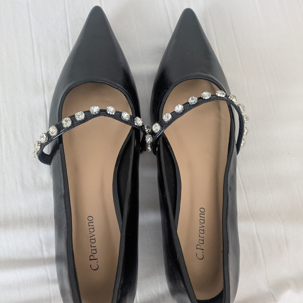 C. Paravano Black Heels with Rhinestone Strap